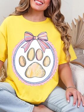 Gildan Yellow Short Sleeve Tee with Paw Print & Pastel Bow
